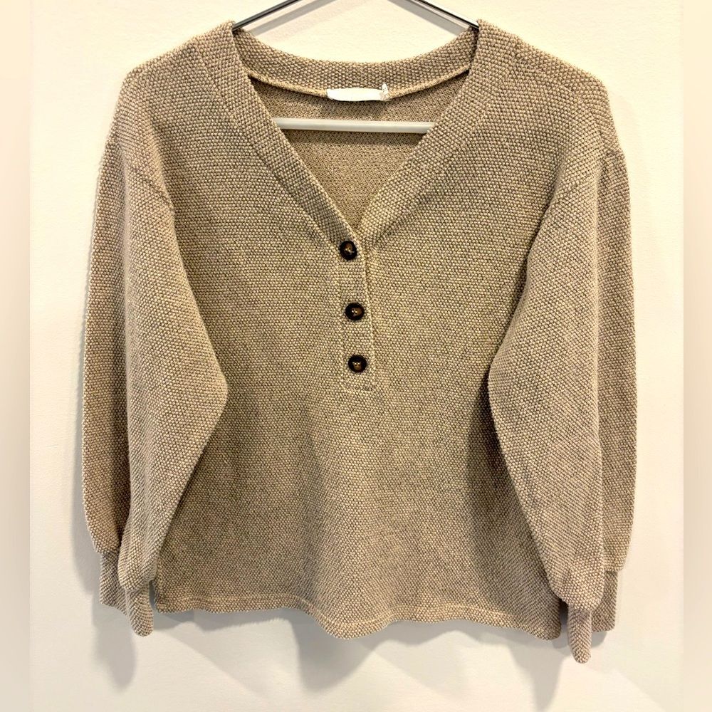 Lush Shirt Womens Tan Cream XS Waffle Knit Pullover Vneck Long Sleeve